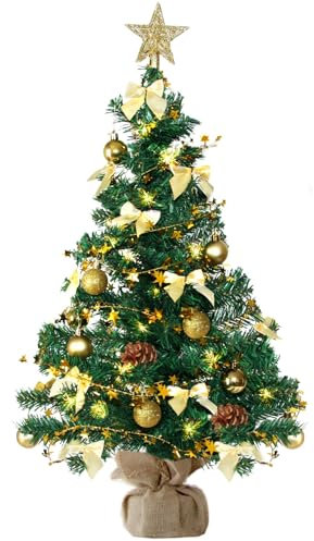 Weihnachtsbaum künstlich (WBD) 60 cm grün mit Weihnachtsdeko Gold und Led Lichterkette mit Batteriebox und Fernbedienung Christbaum künstlich Weihnachtsbaum klein Tannenbaum künstlich