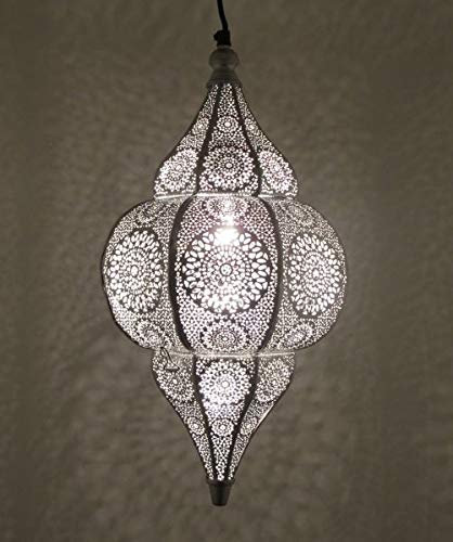 Orientalische Indische Hängelampe Deckenlampe Jaya Silber, mit Aufhängekette Baldachin und E27 Lampenfassung, Schöne Dekoration für Wohnzimmer, Küche, Esszimmer, Büro oder Schlafzimmer