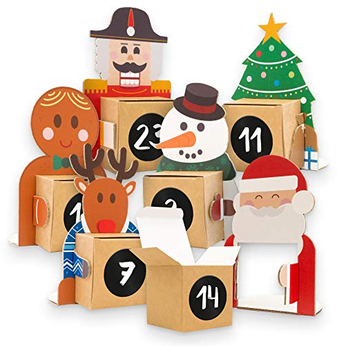DIY itenga Adventskalender zum Befüllen Weihnachtsbande 24 weihnachtliche Karton Figuren zum Aufstellen mit Box zum Selberbefüllen + Zahlenaufkleber
