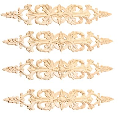 MUXSAM 4Pcs Floral Center Spread Onlay Applique Wave Flower Decal Corner Unpainted Wood Carving Decal Unpainted Furniture Bed Door Cabinet Decoration 33x6cm/12.99x2.36