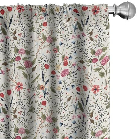 ABAKUHAUS Blumen Vorhänge, Gardinen, Vögel Rosen-Tupfen, Fensterbehandlungen für Wohnzimmer Schlafzimmer Dekor, 2 Stück 75 cm b x 225 cm h, Beige Grün