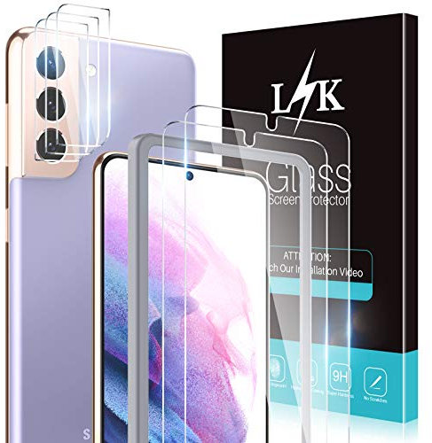 LϟK 5 Pièces Verre Trempé Compatible avec Samsung Galaxy S21 avec 2 Pièces Protection Écran + 3 Pièces Caméra Arrière Protecteur - Sans Bulles 9H Dureté Empreintes Digitales de Support