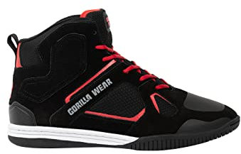 Gorilla Wear Bodybuilding Schuhe Troy High Tops - Schwarz/Rot - Sport Freizeit Alltag Training Workout Schnürsenkel mit Logo Bequem Extra Starker Halt für Herren, 44
