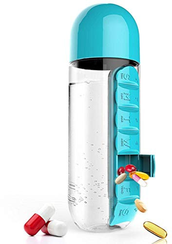 RDJSHOP Pill Box Organiser with Water Bottle 600ml, 2 in 1 Portable Pill Boxes 7 Day 1 Time a Day, Travel Medication Cases Containers,Blue