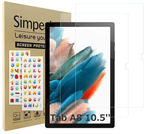 Simpeak 2-Packs Protector Pantalla Compatible para Samsung Galaxy Tab A8 2021(10.5''), Cristal Templado Complet Bubble Free/HD/Anti-Huella+2 Pegatinas Gratis