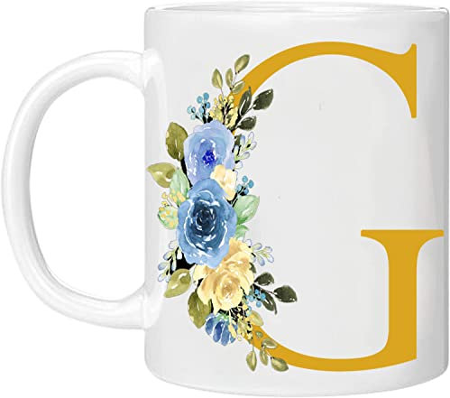 MOBILE STUFF Floral Letter Mug Gold - Any Alphabet 11oz Ceramic Coffee/Tea Cup Gift for Christmas, Birthday, Secret Santa, Mother’s Day or Father’s / Printed Glitter, NOT Real Glitter (Gold G)