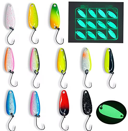 Njord Kalastus Glow Spoon Set | Leuchtende und UV Aktive Forellen Spoon Set 12 Stück+Box | Extreme Leuchtkraft durch Speziallack | Forellen Köder Set | Spoons Forelle