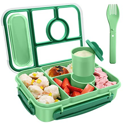 Amathley Bento Box Adult Lunch Box,Leakproof Lunch Box Kids with 1300ML-5 Compartments,Bento Box with Sauce Vontainers,Microwave & Dishwasher & Freezer (Green)