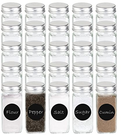 Ribelli 25 Stück Gewürzgläser,Gewürzdosen aus Glas mit Aluminiumdeckel,Eckig je 100 ml, Luftdicht Glasbehälter mit Streueinsatz