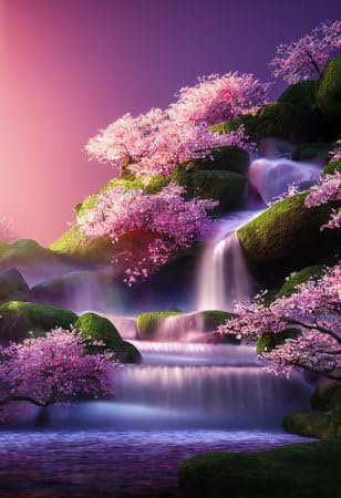 adrium Quadro in acrilico 60 x 90 cm: cascata con ciliegia floreale come il fiore di Sakura nella foresta. Rappresentazione 2D (191557451)