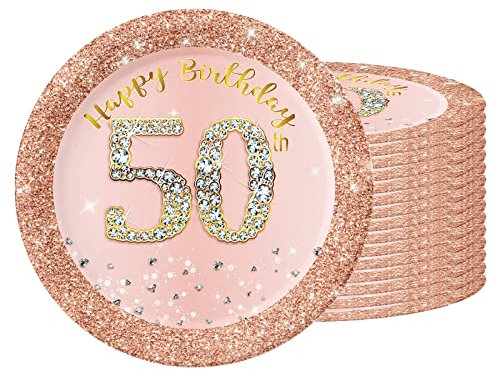 16 PCS Assiette Jetable 7 Pouces,Assiette Anniversaire Rose Gold,Decoration Anniversaire 50 Ans,Assiette Dessert Jetable pour Fêtes Joyeux Anniversaire Decoration,Kit Vaisselle Jetable Anniversaire