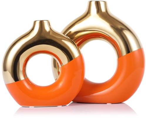 Lot de 2 vases en céramique en forme de beignet, vases ronds creux avec zacate de pampa, décoration moderne bohème pour table à manger, nappe et centre de table