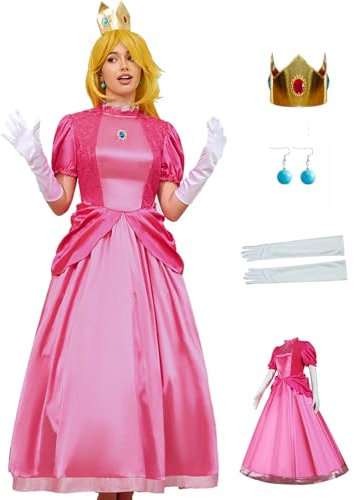 Poboola Costume de princesse d'Halloween pour femmes – Robe de costumade classique avec couronne, boucles d'oreilles et gants, rose 1, taille XL