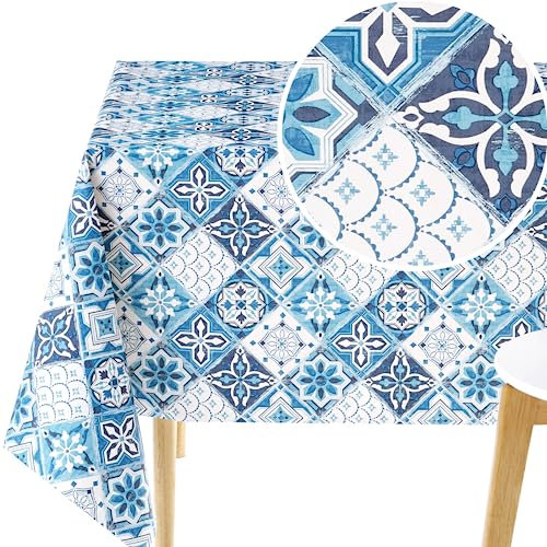 KP HOME Nappe rectangulaire en PVC facile à nettoyer - 250 x 140 cm - Carreaux azulejo portugais Lisbonne - Nappe en plastique imperméable et facile à nettoyer - Bleu marine