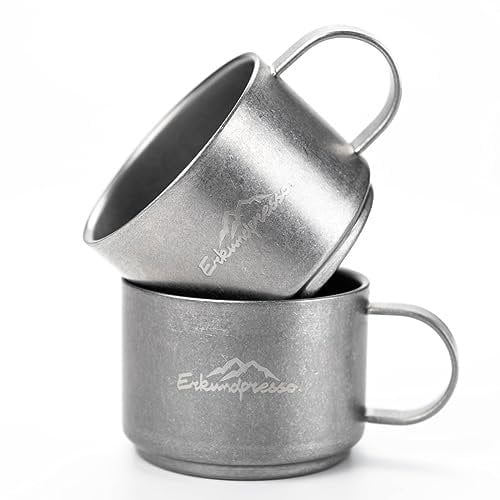 Erkundpresso. Lot de 2 tasses à expresso inox avec anse - 100ml - Double paroi (isolation thermique) - Incassables - Finition mat rétro (acier 304) - Léger, empilable, idéal camping & cadeau
