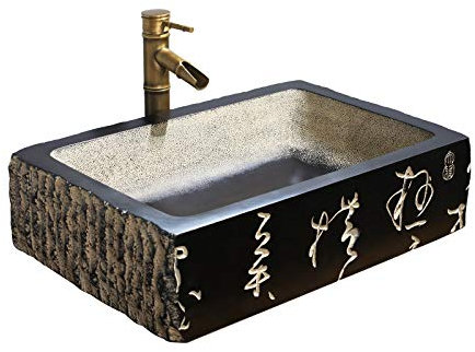 Fregadero de baño Retro, Fregadero de Resina Natural, Hecho a Mano, Efecto Piedra de imitación, rústico para gabinete, Lavabo, tocador, A, Lavabo Individual (un Lavabo + Grifo)