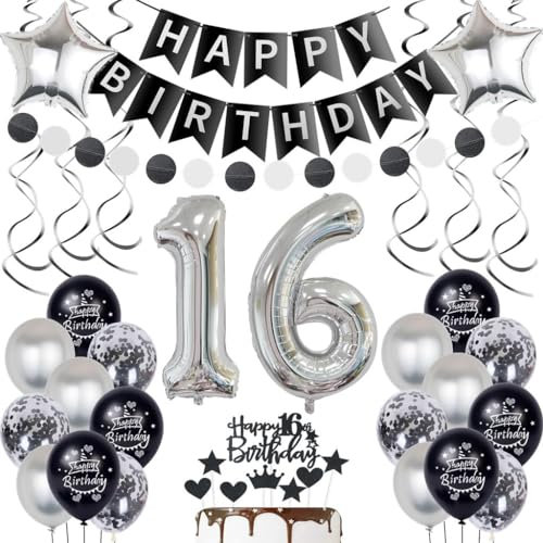 Silber 16. Geburtstag Dekoration Luftballon 16 Jahre Junge Mädchen Geburtstagsdeko 16 Jahre Junge Schwarz Ballon 16 Geburtstag Deko Schwarz Silber Mädchen Junge 16 Geburtstag Tortendeko