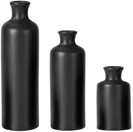 Schmale Kleine Vasen 3er Set aus Keramik für Trockenblumen, Deko Vase für Pampasgras, Blumenvase Blau für Tischdeko - Schwarz