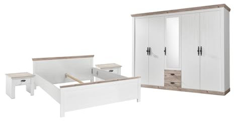 Furn.Design Schlafzimmer komplett Set in weiß Pinie und Oslo Pinie Landhaus Komplettzimmer mit Doppelbett, Kleiderschrank und 2 x Nachttisch im Landhaus Stil Schlafzimmermöbel Rovola (Set 1)