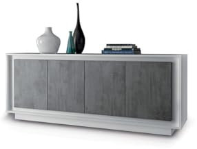 PRICE FACTORY just for you Buffet 4 Portes en Bois, Collection Fall, Coloris Blanc Brillant laqué et Gris Aspect béton