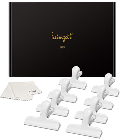 heimzeit Design Verschlussclips für Lebensmittelbeutel, Tüten und Dokumente aus hochwertigem Edelstahl in Weiß [8 Stück, 77 x 20 x 30 mm] Farbige Verschlussklammern, Starke Federkraft