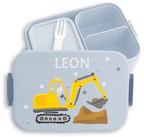 Kinder Bento Box Midi Lunchbox für Mepal Bentobox - Bagger mit Name Bagger-Fan Baustelle Bagger-Motiv Baufahrzeug - 900 ml - Hellblau - personalisierte brotzeitbox kinderbrotdosen kindergarten