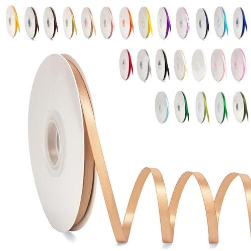 Ruban Satin, 6mm x 91m Ruban de Ballon Champagne Or en Satin pour Créer des Cartes, Scrapbooks, Emballage Cadeaux Décorations, Fleurs, Boîtes, Marque-places, Gâteaux, Confirmation, Mariage, Noël