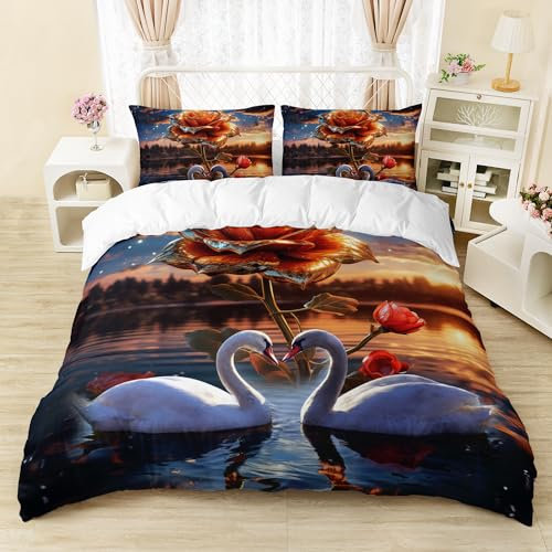 AILONEN Swan Duvet Cover Set, King Size, Swan Lake with Gold Rose Bedding Set for Gilrs Women Lover, White Swan Comforter Cover, Sunset Duvet Cover, 3-teilig, 1 Bettbezug + 2 Kissenbezüge