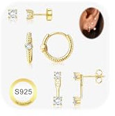 JeweBella 3 Paar Ohrringe Silber 925 Set für Damen Hypoallergen 14K Vergoldet Kleine Ohrstecker Silber 925 Creolen Stapelbar Zirkonia FlatBack Ohrstecker Knorpel Ohrringe Set für Mehrere Piercings