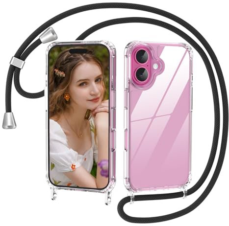 Nupcknn Transparente Funda con Cuerda para iPhone 16, Anti-Choque Anti-arañazos Carcasa Silicona Case con Correa Colgante Colgante movil Ajustable Collar Case 1.6M