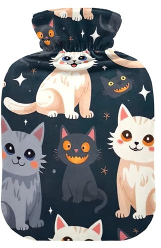 Adorable Cats Halloween Hot Water Bottle with Soft Cover Hand Feet Warmer Hot Water Bag for Menstrual Cramps, 1 Liters