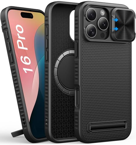 SIXBOX for iPhone 16 Pro Case, Compatible with MagSafe, Slim Fit, Built-in Kickstand, Slide Camera Cover, Military-Grade Protection, Rugged Hard Men Magnetic Phone Case for iPhone 16 Pro 2024, Black