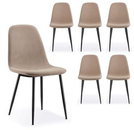 VonHaus Dining Chairs Set of 6 - Beige Kitchen Chairs with Sturdy Black Metal Legs - Upholstered Cord Effect for Dining Room & Kitchen - Padded Backrest & Seat - Cavell