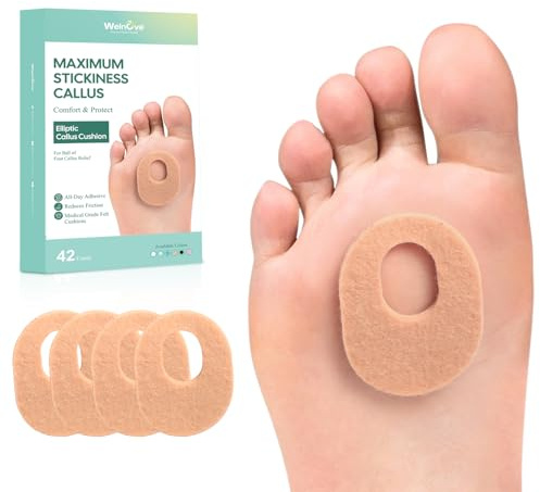 Welnove 42 piezas de almohadillas para callos, protectores adhesivos contra callos, alivia el dolor de callos, callos, ampollas, rozaduras en los talones, almohadillas adhesivas – Blanco
