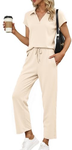 Glamaker Completo estivo da donna in 2 pezzi, set da salotto con maniche ad aletta polo e pantaloni, tuta da viaggio coordinata 2025, Albicocca, Large