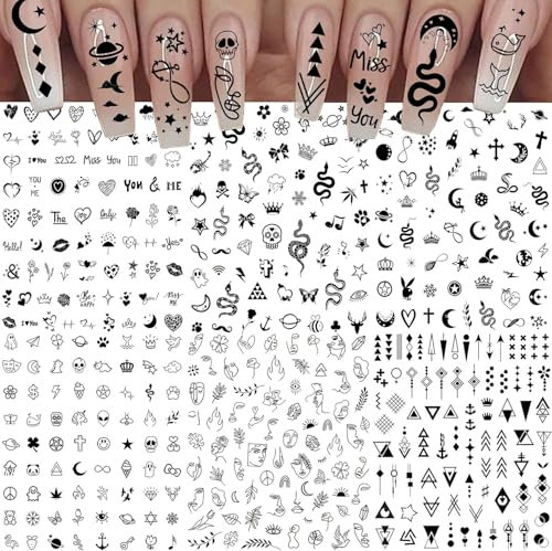 Bkemkri 6 Feuilles Sticker Ongle Autocollant 1 Pince à épiler, Noir Nail Art Décoration Autoadhésif Deco Design Manucure Adhésif Étoile Lune Abstrait Visage de Dame Triangle Géométrique Accessoires