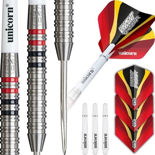Unicorn Darts Set Global | Vincent 'Vinnie' d'Hondt | 90% Tungsten Barrels with Black & Red Accents with Intricately Machined Grip Rings | Durable Ultrafly Flights | Steel Tip Volute Points | 24 g