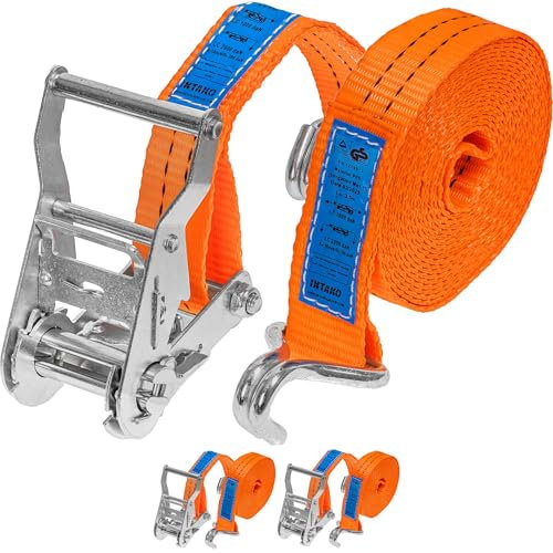 INTAKO Cinchas de Amarre con Carraca - 4m x 2000kg x 35mm - 2 Piezas - Eslingas con Carraca - Cinta de Amarre con Trinquete - Tensor de Cinchas para Auto y Moto - DIN EN 12195-2 TÜV GS