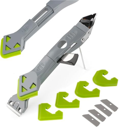 Caulking Silicone Smother Remover Tool, 7-in-1 kit Scraper, Silicone Smoother, Rubber Shovel, 5 Pads, Sickle, 4 Blades. Stainless Steel Nozzle applicator, Tile Grout Removal Set I Green