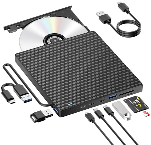 External DVD Drive External USB 3.0 Type-C Portable CD RW Masterizzatore con 4 porte USB e lettore di schede SD/TF, External CD Drive per laptop, Desktop, PC, MacBook, Win11/10/8/7/XP, Linux, Mac OS