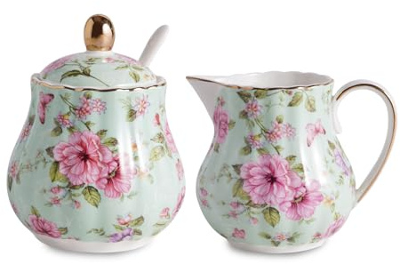 Agyiuns Ceramic Sugar and Creamer Set, 3 Piece Set with Cream Pitcher, Sugar Bowl, Sugar Set with Lid and Spoon (Green)