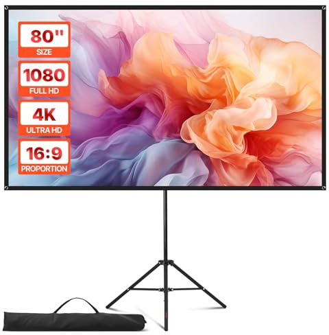 VEVOR Projector Screen with Stand, 80 Inch 160° Wide Angle Indoor Outdoor Projection Screen, 16:9 4K HD Wrinkleless Portable Tripod Screens with Carry Bag, for Movie Home Theater Office Presentation