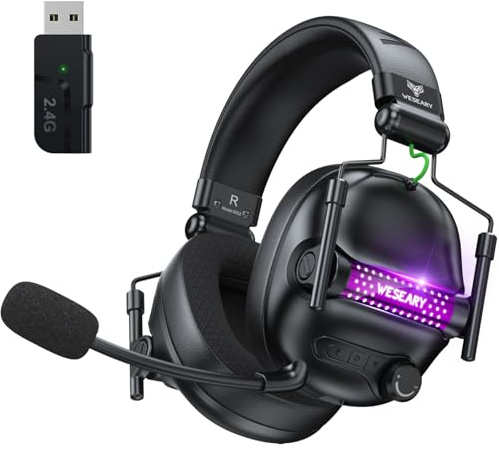 WESEARY Gaming Headset mit Mikrofon, 2,4 G kabelloses Gaming-Headset für PS5, PS4, PC, Switch, Mac, Faltbarer Surround Sound Noise Cancelling Kopfhörer mit LED Licht, Über 50 Stunden Akkulaufzeit