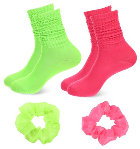 ElevateTech 2 Pairs Neon Slouch Socks for Women 80s 90s Neon Women's Leg Warmers Soft Scrunch Socks Knee High Sock clothing accessories With 2 headbands for Party Mothers Gifts