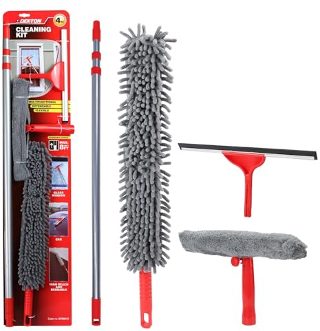 DEKTON 4-in-1 Telescopic Window Cleaning Kit with 8ft Long Reach Pole, Bendable Duster, Squeegee & Scrubber for High Windows, Ceilings & Conservatories