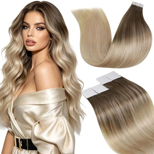 LaaVoo Tape in Extensions Echthaar Braun Blond 50g für Langes Haar 20pcs | Tape Extensions Echthaar Hellbraun Balayage Dunkel Aschblond Ombre Platinblond Mehr Volumen Lang und Glatt 50CM