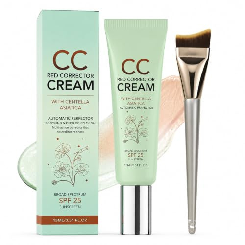 Vaethy CC Cream Red Correct, CC Creme Gegen Rötungen Im Gesicht - Centella Asiatica SPF 25 Foundation Mit Pinsel, Color Correcting Cream, Full Cover Grüner Concealer Für Natürlichen Teint Im Alltag