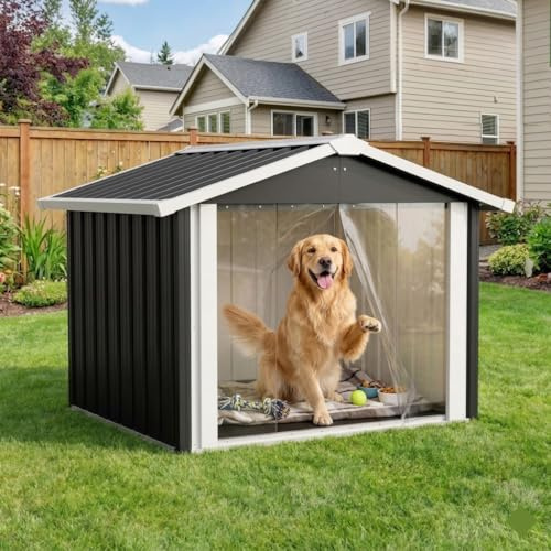 Outdoor Hundehütte Groß Wetterfest, 102x91x84cm Hundekennel mit Satteldach für Optimalen Wasserabfluss, UV-Schutz Kunststoff Hundehalle mit Belüftung, Isolierte Tierhütte für Garten & Camping, Grau