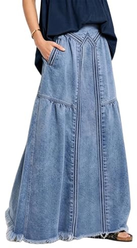 ebossy, Gonna lunga da donna in denim con elastico in vita sfrangiata, linea ad A, effetto invecchiato, stile hippie