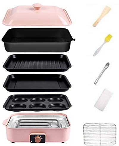 Compact 4 in 1 Multifuction Electric BBQ/Hot Pot/Dorayaki/Muffins Cooker, Korean Barbecue Grill, Non-Stick Coating Multi Plate 4-Piece Set,Pink